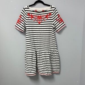Kate Spade Black and White Striped Dress with Orange Embroidered Floral Accents